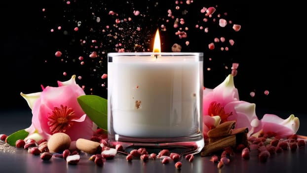 Luxurious candlelight surrounded by vibrant flower petals, fresh lemon, and spices. Ideal for promoting tranquility, wellness, and inviting home decor