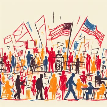 Colorful minimalist sketch representing a bustling political event with flags and figures