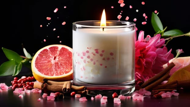 Luxurious candlelight surrounded by vibrant flower petals, fresh lemon, and spices. Ideal for promoting tranquility, wellness, and inviting home decor