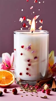 Luxurious candlelight surrounded by vibrant flower petals, fresh lemon, and spices. Ideal for promoting tranquility, wellness, and inviting home decor