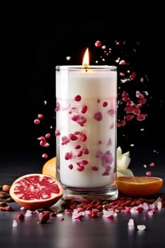Luxurious candlelight surrounded by vibrant flower petals, fresh lemon, and spices. Ideal for promoting tranquility, wellness, and inviting home decor