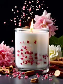 Luxurious candlelight surrounded by vibrant flower petals, fresh lemon, and spices. Ideal for promoting tranquility, wellness, and inviting home decor