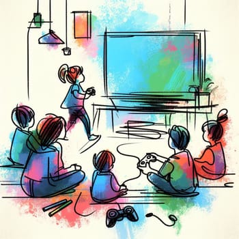 Vibrant drawing depicts kids engaged in a gaming session, with one child holding a controller and friends watching eagerly in a cozy, contemporary interior setting