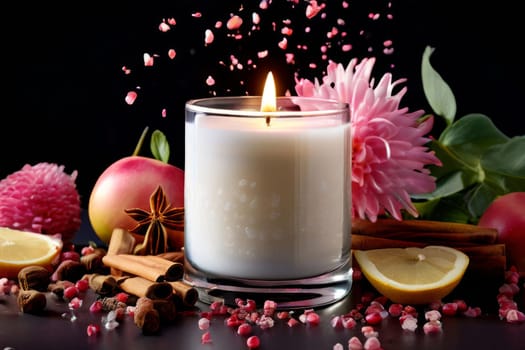 Elegant candle surrounded by vibrant petals, fresh fruits, and aromatic spices. Perfect for creating a cozy atmosphere, ideal for wellness, home decor, and holiday themes