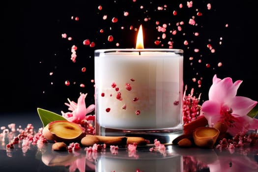 Aromatic candle with fresh fruits, scattered petals, and spices creates a soothing atmosphere. Great for enhancing relaxation, wellness, and lifestyle imagery
