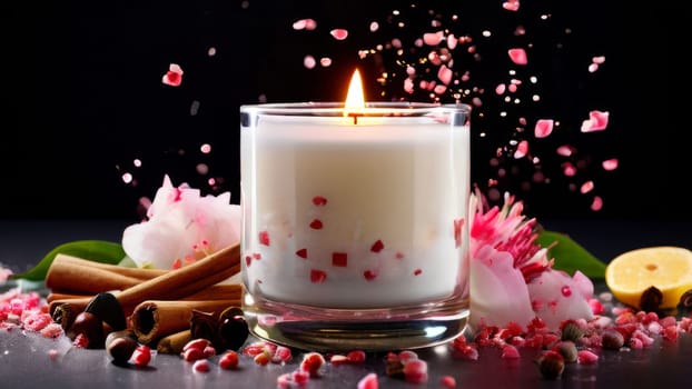 Elegant candle surrounded by vibrant petals, fresh fruits, and aromatic spices. Perfect for creating a cozy atmosphere, ideal for wellness, home decor, and holiday themes