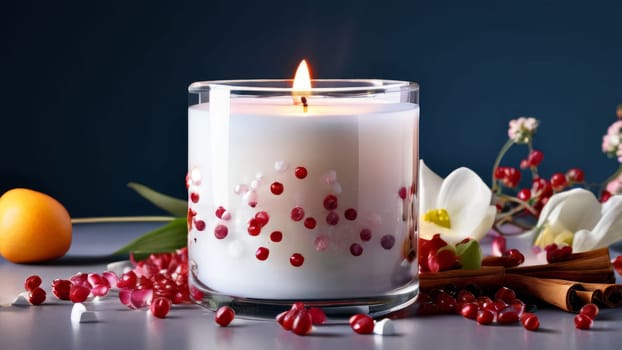 Inviting candle scene with colorful flower petals, citrus slices, and spices. Captures essence of relaxation, ideal for promoting wellness, spa experiences, and home ambiance