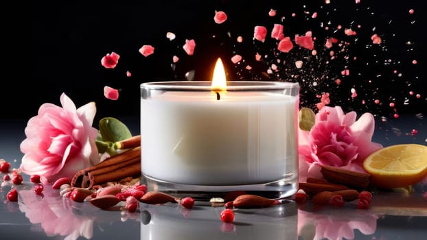 Inviting candle scene with colorful flower petals, citrus slices, and spices. Captures essence of relaxation, ideal for promoting wellness, spa experiences, and home ambiance