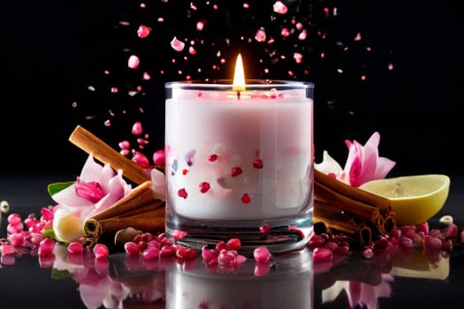 Aromatic candle with fresh fruits, scattered petals, and spices creates a soothing atmosphere. Great for enhancing relaxation, wellness, and lifestyle imagery