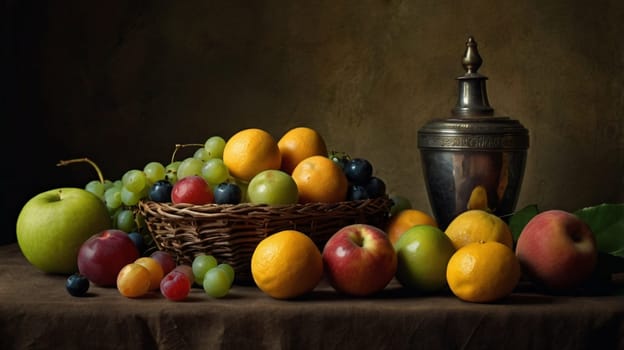 An artistic still life featuring a rustic basket of vivid fruits paired with an elegant metallic chalice, displayed on a textured cloth background, evoking tranquility and classical charm