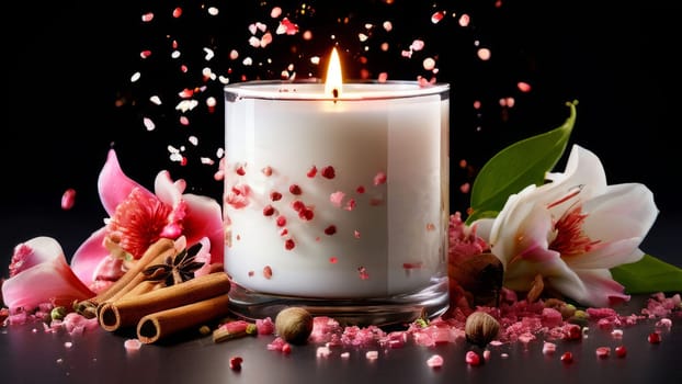 Inviting candle scene with colorful flower petals, citrus slices, and spices. Captures essence of relaxation, ideal for promoting wellness, spa experiences, and home ambiance
