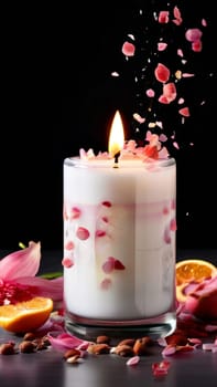 Aromatic candle with fresh fruits, scattered petals, and spices creates a soothing atmosphere. Great for enhancing relaxation, wellness, and lifestyle imagery