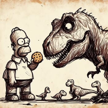 Hand-drawn illustration of a cartoon man holding a cookie confronting a t-rex with baby dinosaurs nearby