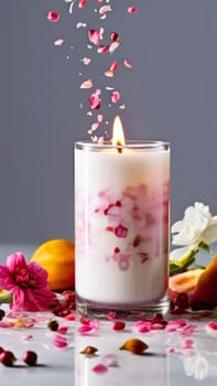 Elegant candle surrounded by vibrant petals, fresh fruits, and aromatic spices. Perfect for creating a cozy atmosphere, ideal for wellness, home decor, and holiday themes