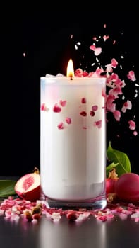 Inviting candle scene with colorful flower petals, citrus slices, and spices. Captures essence of relaxation, ideal for promoting wellness, spa experiences, and home ambiance