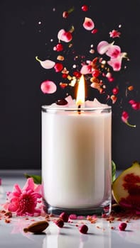 Elegant candle surrounded by vibrant petals, fresh fruits, and aromatic spices. Perfect for creating a cozy atmosphere, ideal for wellness, home decor, and holiday themes