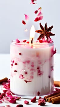 Inviting candle scene with colorful flower petals, citrus slices, and spices. Captures essence of relaxation, ideal for promoting wellness, spa experiences, and home ambiance