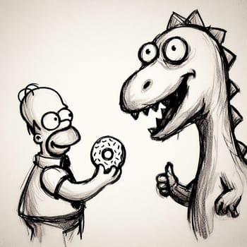 Illustration of a hand-drawn cartoon character giving a doughnut to a happy dinosaur