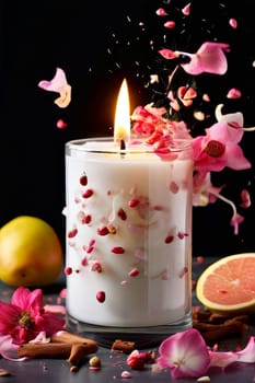 Elegant candle surrounded by vibrant petals, fresh fruits, and aromatic spices. Perfect for creating a cozy atmosphere, ideal for wellness, home decor, and holiday themes