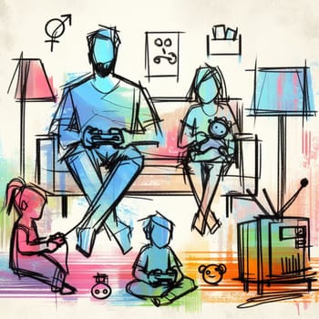Vibrant hand-drawn sketch of a family engaged in video gaming, with a retro television and classic game console, evoking nostalgia and highlighting family bonding through technology