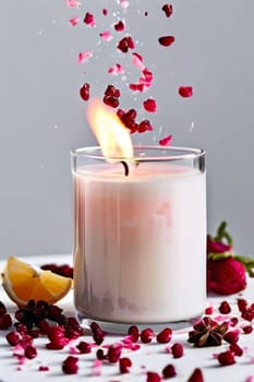 Inviting candle scene with colorful flower petals, citrus slices, and spices. Captures essence of relaxation, ideal for promoting wellness, spa experiences, and home ambiance