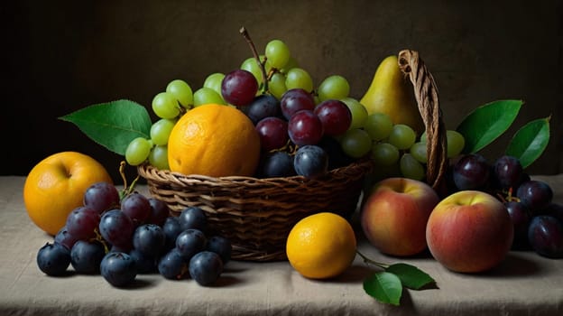 Artistic arrangement of various fresh fruits including grapes, oranges, and peaches in a basket, evoking a rustic and vibrant culinary setting.