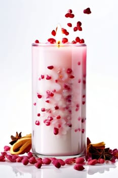 Aromatic candle with fresh fruits, scattered petals, and spices creates a soothing atmosphere. Great for enhancing relaxation, wellness, and lifestyle imagery