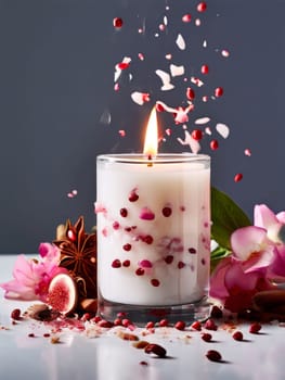 Elegant candle surrounded by vibrant petals, fresh fruits, and aromatic spices. Perfect for creating a cozy atmosphere, ideal for wellness, home decor, and holiday themes