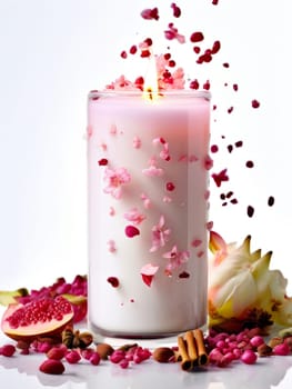 Inviting candle scene with colorful flower petals, citrus slices, and spices. Captures essence of relaxation, ideal for promoting wellness, spa experiences, and home ambiance