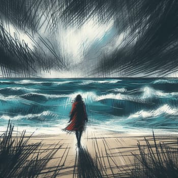 A woman stands on a beach looking out at the ocean. The sky is dark and stormy, and the waves are crashing against the shore. The woman is alone and lost in thought