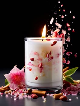 Elegant candle surrounded by vibrant petals, fresh fruits, and aromatic spices. Perfect for creating a cozy atmosphere, ideal for wellness, home decor, and holiday themes