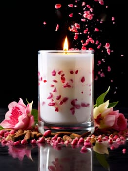 Inviting candle scene with colorful flower petals, citrus slices, and spices. Captures essence of relaxation, ideal for promoting wellness, spa experiences, and home ambiance
