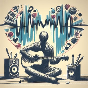 Vibrant handdrawn illustration of a musician strumming a guitar, surrounded by a dynamic mix of musical symbols and sound waves