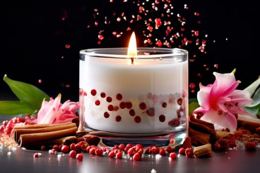 Soothing candle with colorful petals, fruits, and spices evokes warmth and comfort. Perfect for enhancing relaxation, spa experiences, and cozy home environments