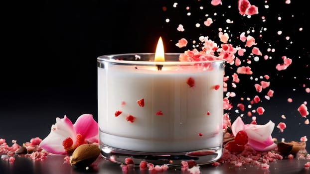 Soothing candle with colorful petals, fruits, and spices evokes warmth and comfort. Perfect for enhancing relaxation, spa experiences, and cozy home environments