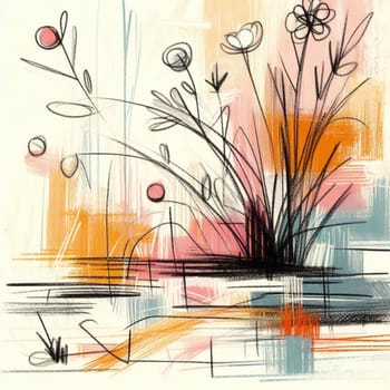 Minimalistic and playful pastel stick drawing resembling a child's take on a floral composition