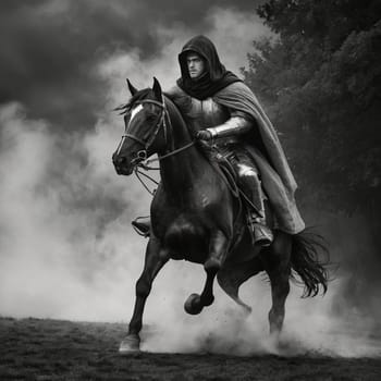 AI generate image of medieval knight rides a majestic horse through a foggy landscape, embodying courage and mystery. The dramatic monochrome composition enhances the sense of old-world heroism