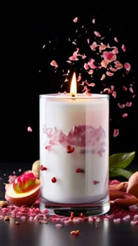 Soothing candle with colorful petals, fruits, and spices evokes warmth and comfort. Perfect for enhancing relaxation, spa experiences, and cozy home environments