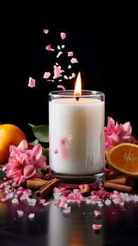 Soothing candle with colorful petals, fruits, and spices evokes warmth and comfort. Perfect for enhancing relaxation, spa experiences, and cozy home environments