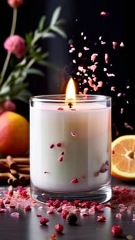 Soothing candle with colorful petals, fruits, and spices evokes warmth and comfort. Perfect for enhancing relaxation, spa experiences, and cozy home environments