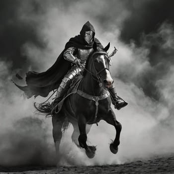 AI generate image of medieval knight rides a majestic horse through a foggy landscape, embodying courage and mystery. The dramatic monochrome composition enhances the sense of old-world heroism
