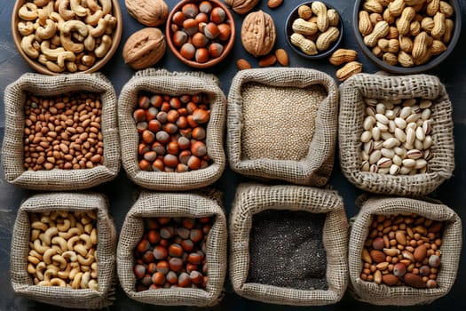 A variety of nuts and seeds in bags on a table, showcasing natural foods and ingredients for cuisine. A display of whole foods at a local market, promoting superfoods in a public space