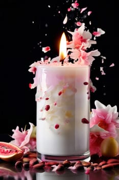 Soothing candle with colorful petals, fruits, and spices evokes warmth and comfort. Perfect for enhancing relaxation, spa experiences, and cozy home environments