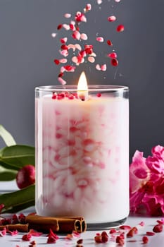 Soothing candle with colorful petals, fruits, and spices evokes warmth and comfort. Perfect for enhancing relaxation, spa experiences, and cozy home environments