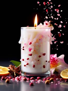 Soothing candle with colorful petals, fruits, and spices evokes warmth and comfort. Perfect for enhancing relaxation, spa experiences, and cozy home environments