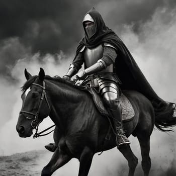 AI generate image of medieval knight rides a majestic horse through a foggy landscape, embodying courage and mystery. The dramatic monochrome composition enhances the sense of old-world heroism