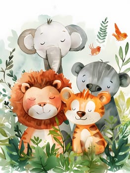 A lion, elephant, tiger, and bear, all vertebrate mammals, happily sit together in the jungle surrounded by green grass. An illustration of this peaceful scene could be a beautiful art piece
