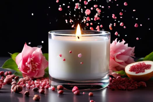 Tranquil candle setting with flower petals, fresh fruits, and aromatic spices. Captures essence of serenity, ideal for wellness promotions and inviting home decor