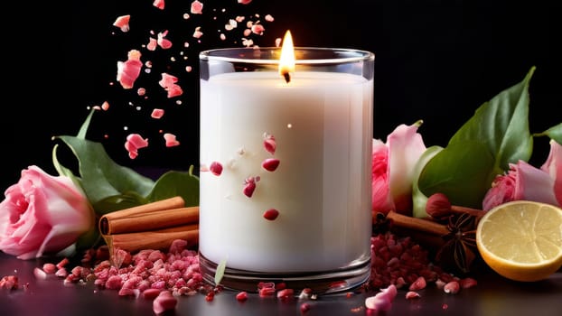Tranquil candle setting with flower petals, fresh fruits, and aromatic spices. Captures essence of serenity, ideal for wellness promotions and inviting home decor
