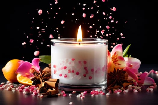 Tranquil candle setting with flower petals, fresh fruits, and aromatic spices. Captures essence of serenity, ideal for wellness promotions and inviting home decor